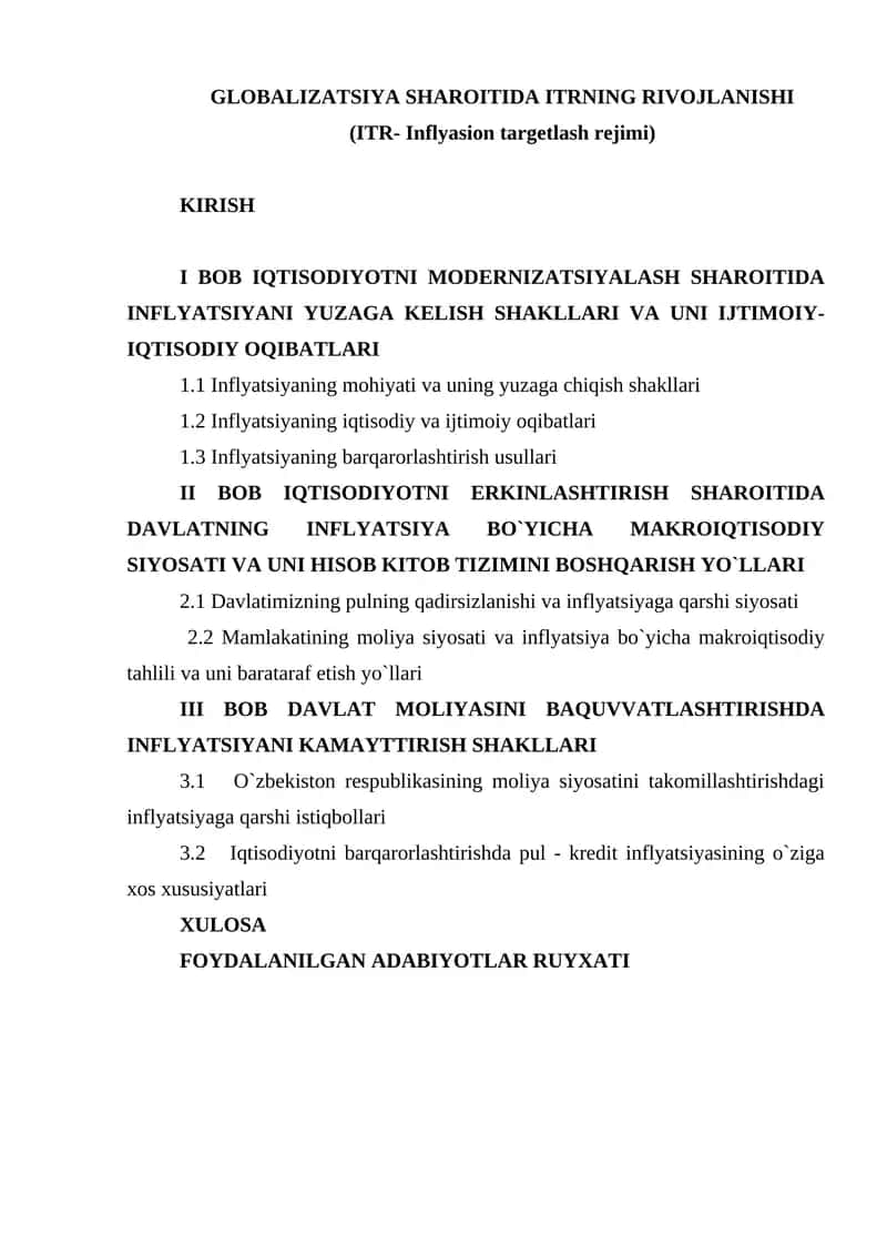 GLOBALIZATSIYA SHAROITIDA ITRNING RIVOJLANISHI (ITR- Inflyasion targetlash rejimi)