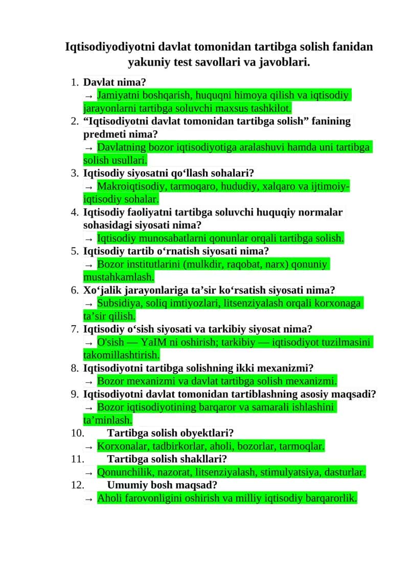 iqtisodiyot 3-kurs yakuniy nazorat javoblari
