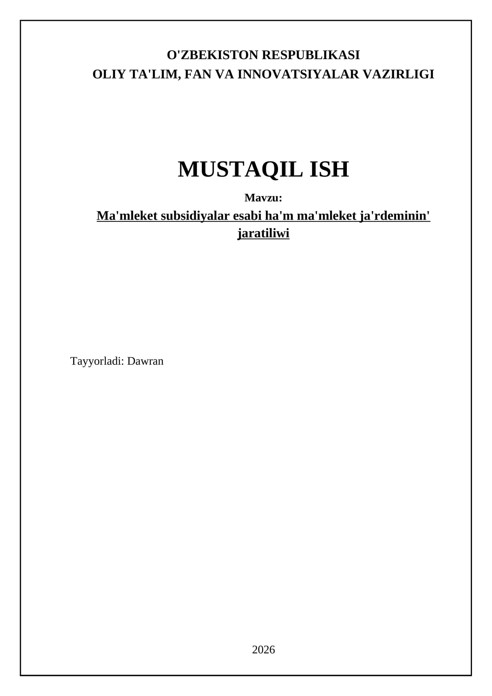 Ma'mleket subsidiyalar esabi ha'm ma'mleket ja'rdeminin' jaratiliwi