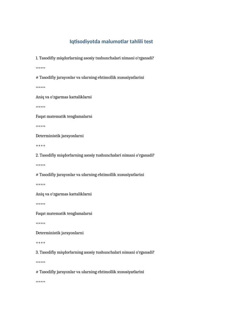 Iqtisodiyotda malumotlar tahlili test