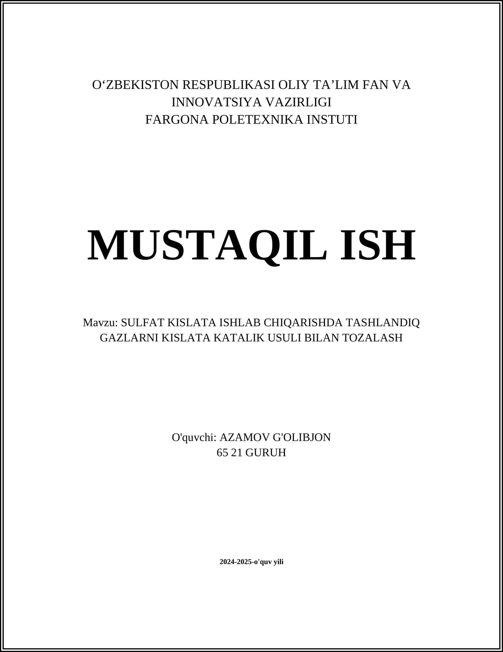 SULFAT KISLATA ISHLAB CHIQARISHDA TASHLANDIQ GAZLARNI KISLATA KATALIK USULI BILAN TOZALASH