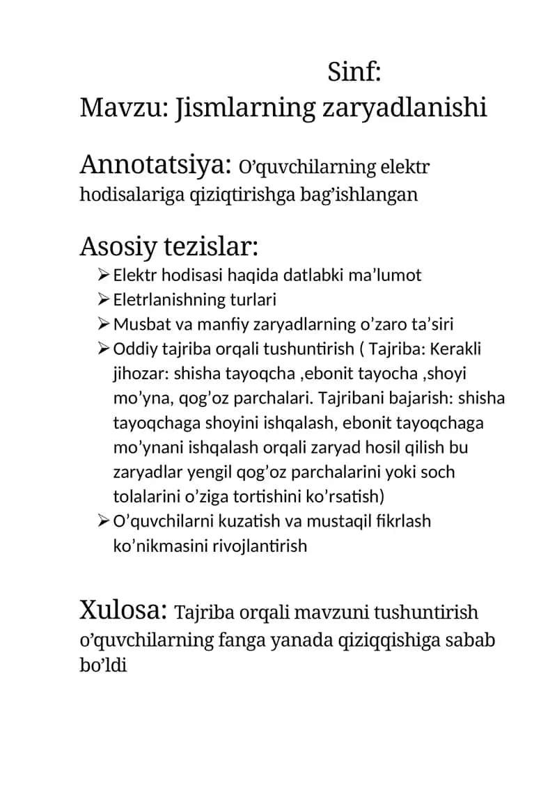 Tezis 8-sinf fizika jismlarning elektrlanganligi