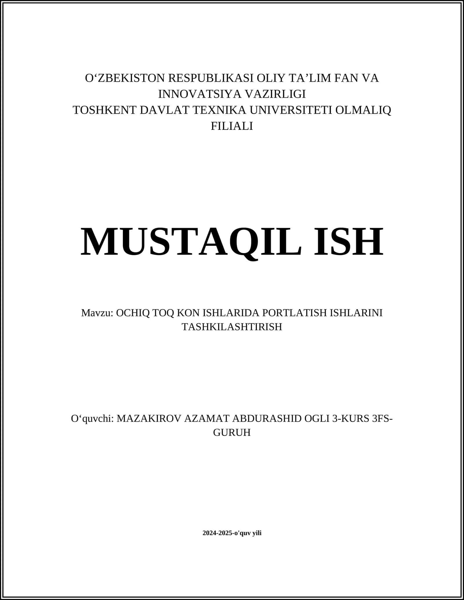 OCHIQ TOQ KON ISHLARIDA PORTLATISH ISHLARINI TASHKILASHTIRISH