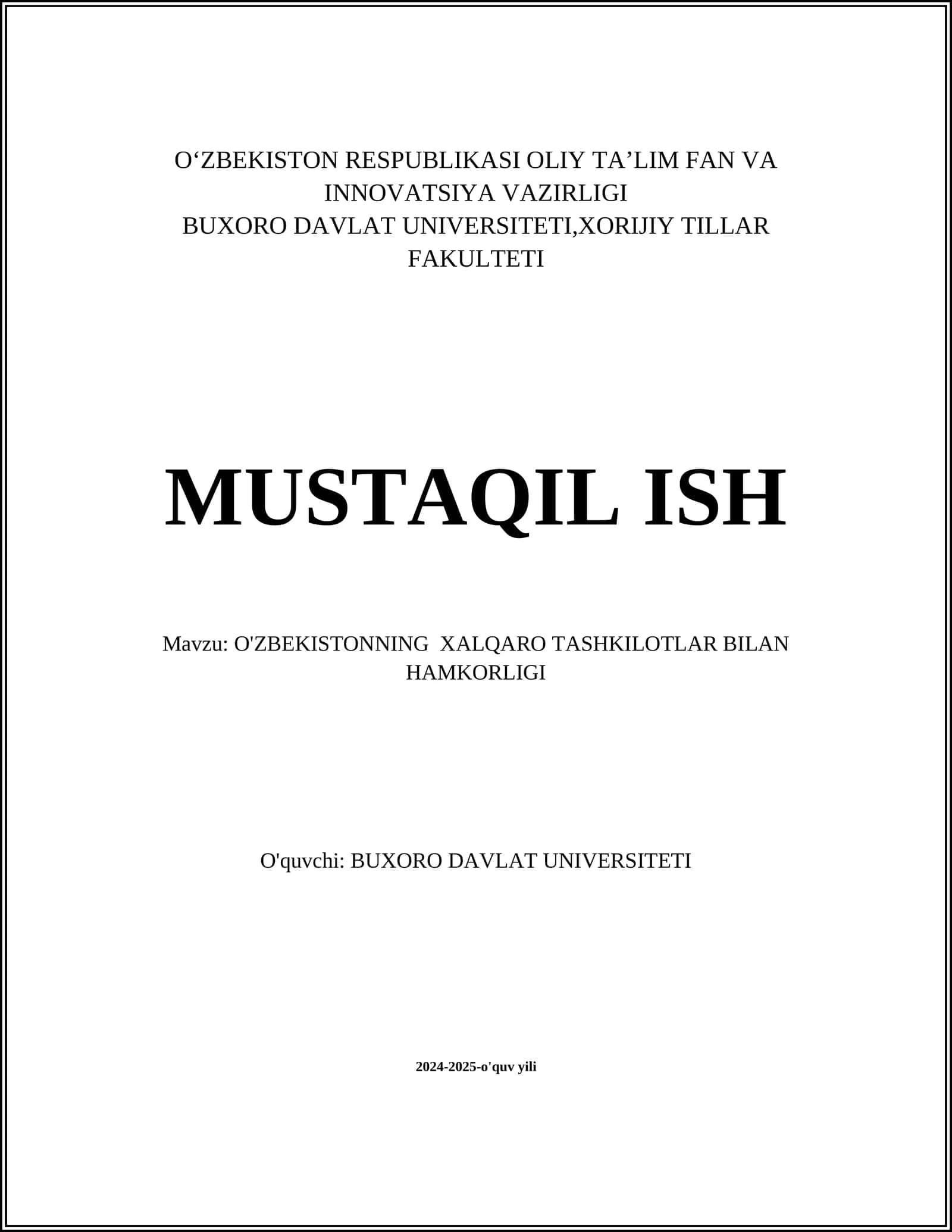 O'ZBEKISTONNING XALQARO TASHKILOTLAR BILAN HAMKORLIGI