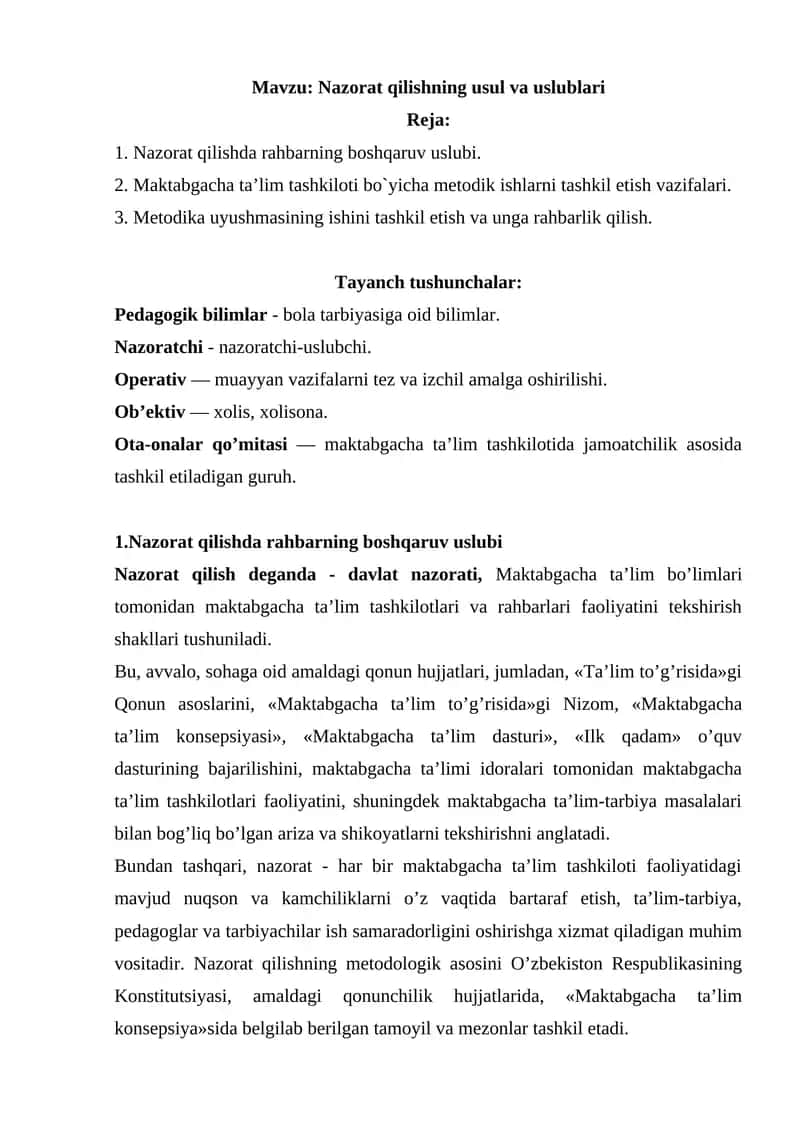 Nazorat qilishning usul va uslublari