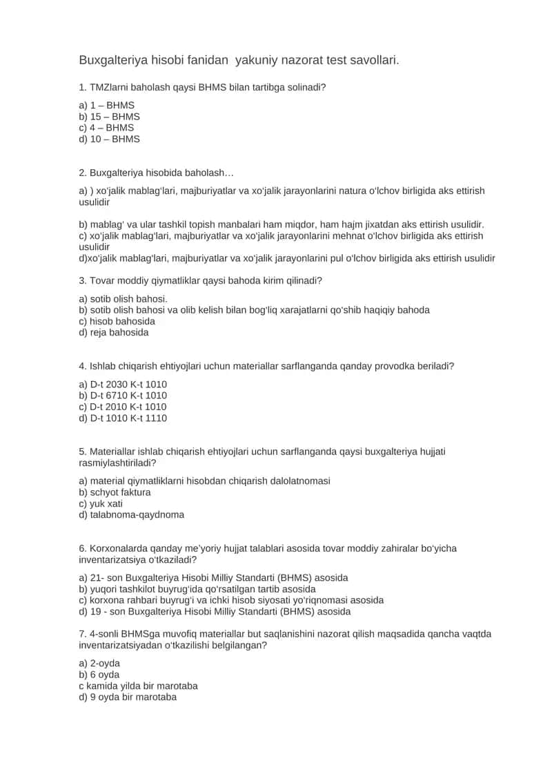 Buxgalteriya hisobi fanidan yakuniy nazorat test savollari.