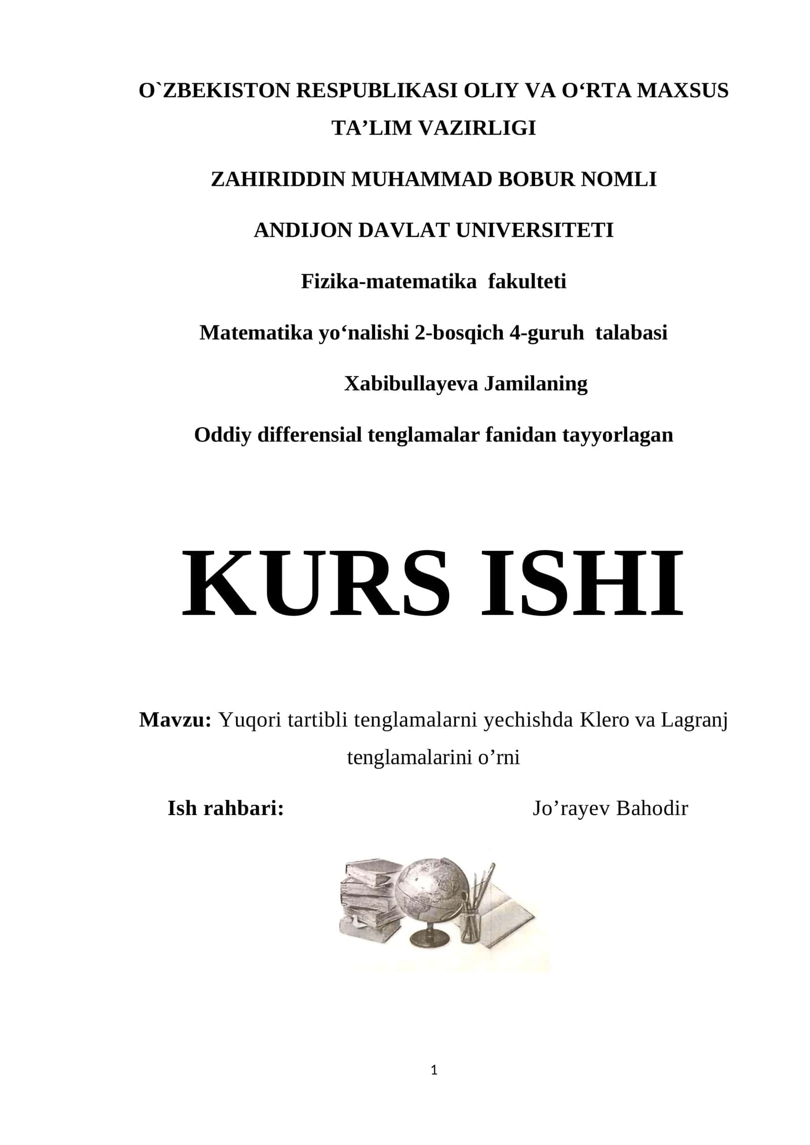 Oddiy differensial tenglamalar fanidan tayyorlangan KURS ISHI