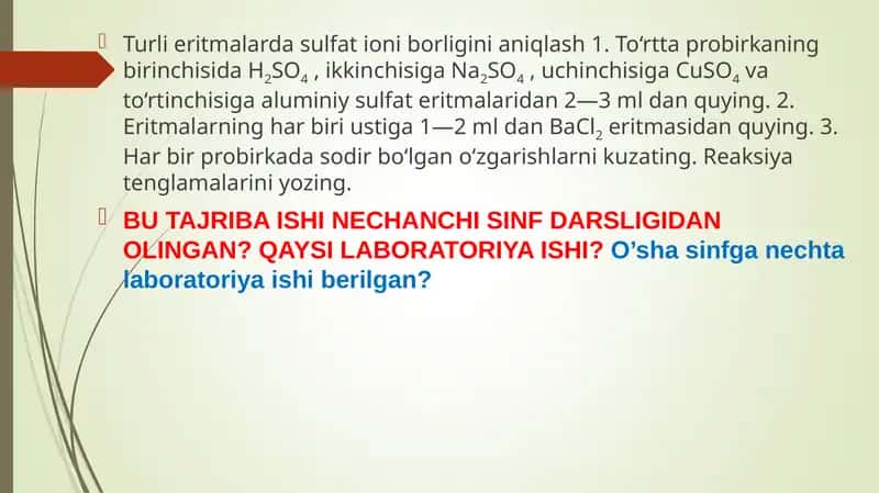 Turli eritmalarda sulfat ioni borligini aniqlash