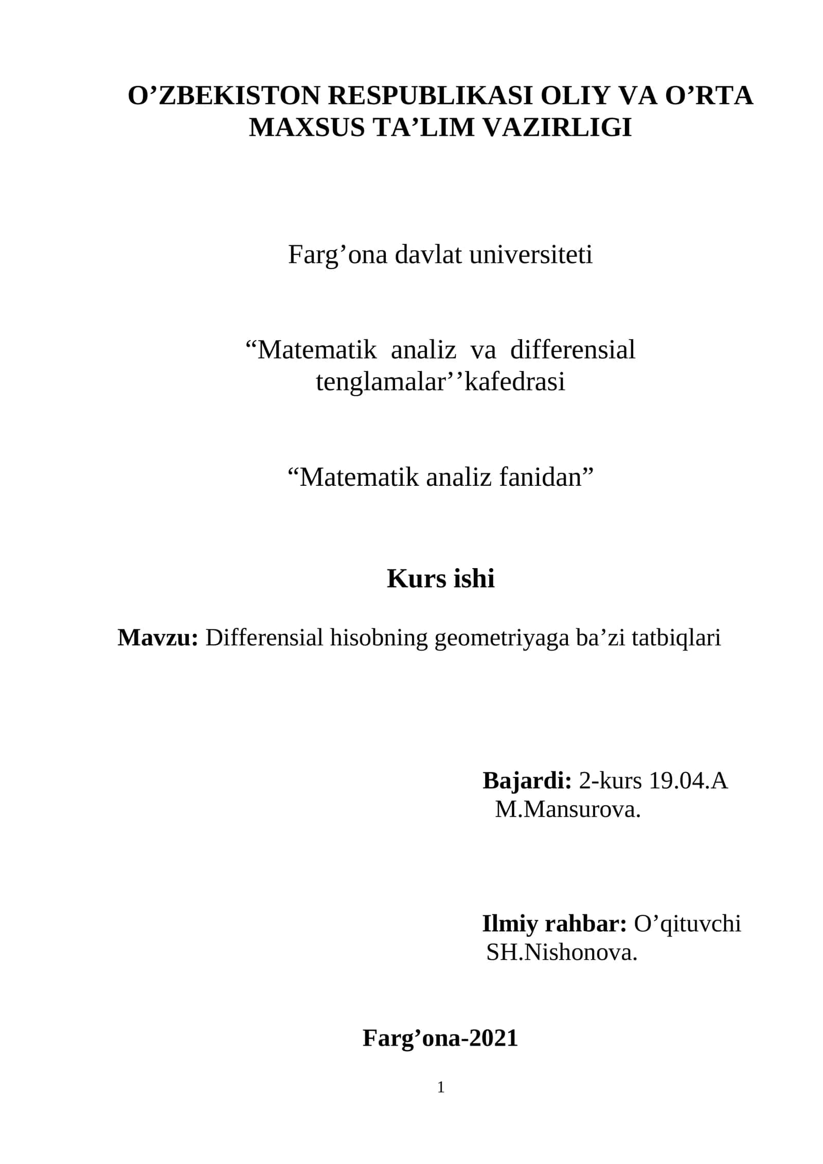 Differensial hisobning geometriyaga ba’zi tatbiqlari