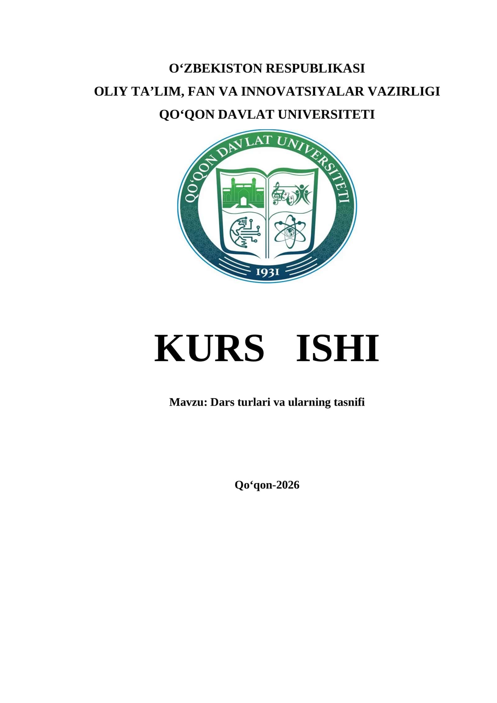 Dars turlari va ularning tasnifi kurs ishi