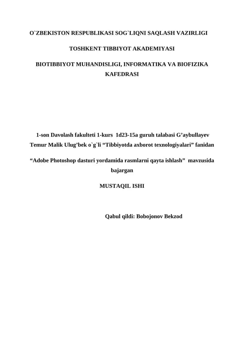 "Adobe Photoshop dasturi yordamida rasmlarni qayta ishlash"
