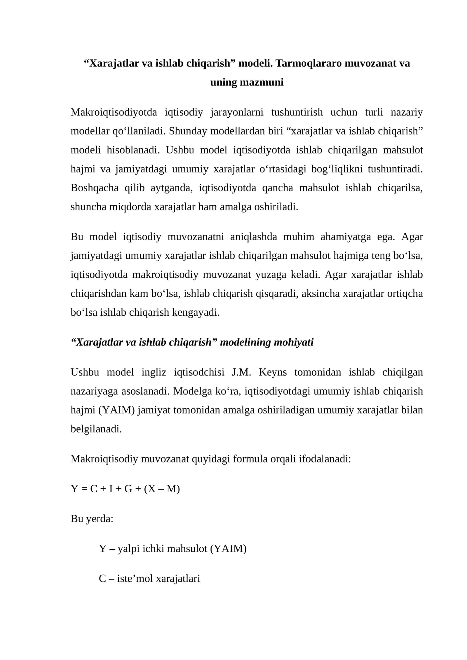 Xarajatlar va ishlab chiqarish modeli