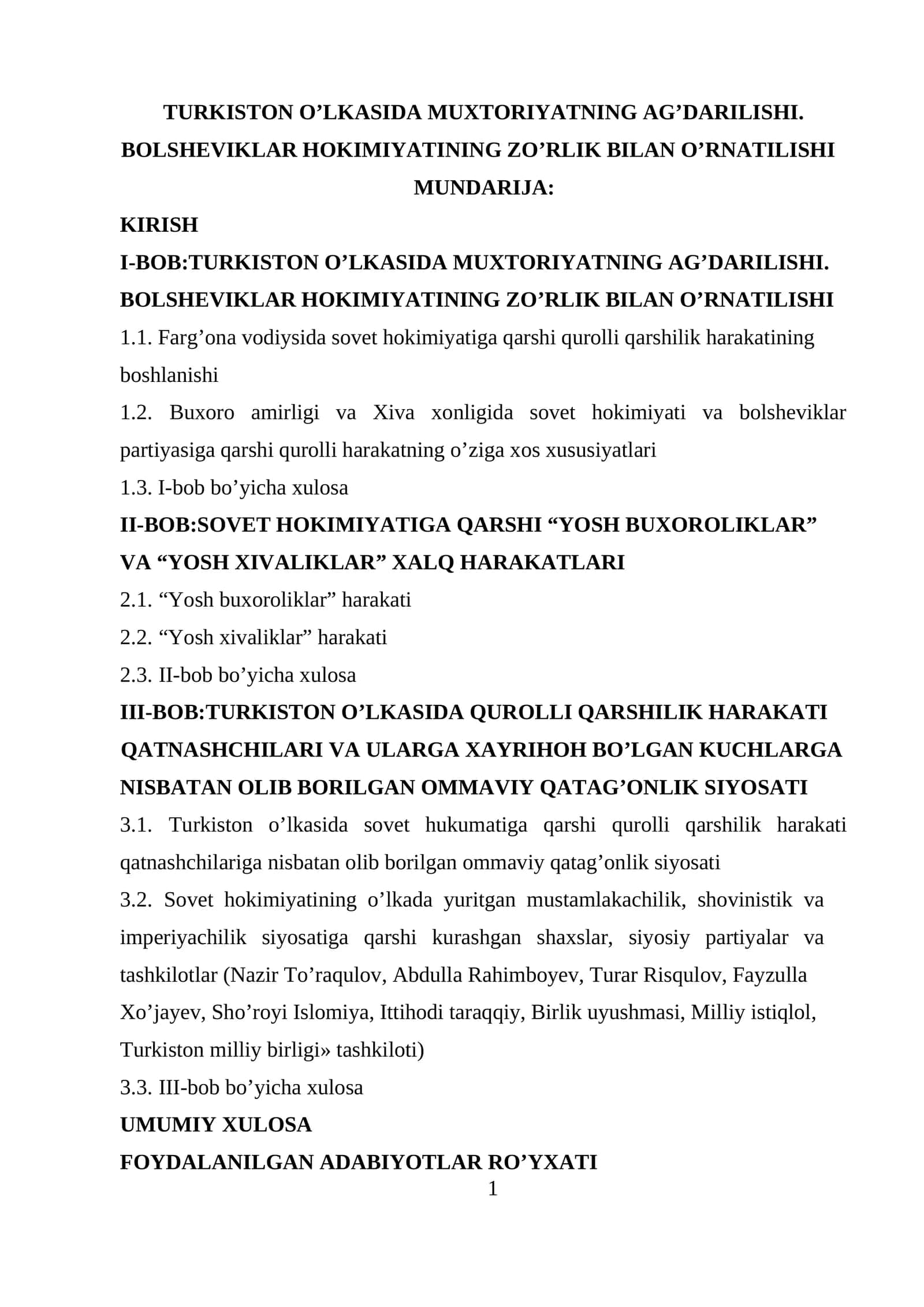 TURKISTON O’LKASIDA MUXTORIYATNING AG’DARILISHI. BOLSHEVIKLAR HOKIMIYATINING ZO’RLIK BILAN O’RNATILISHI