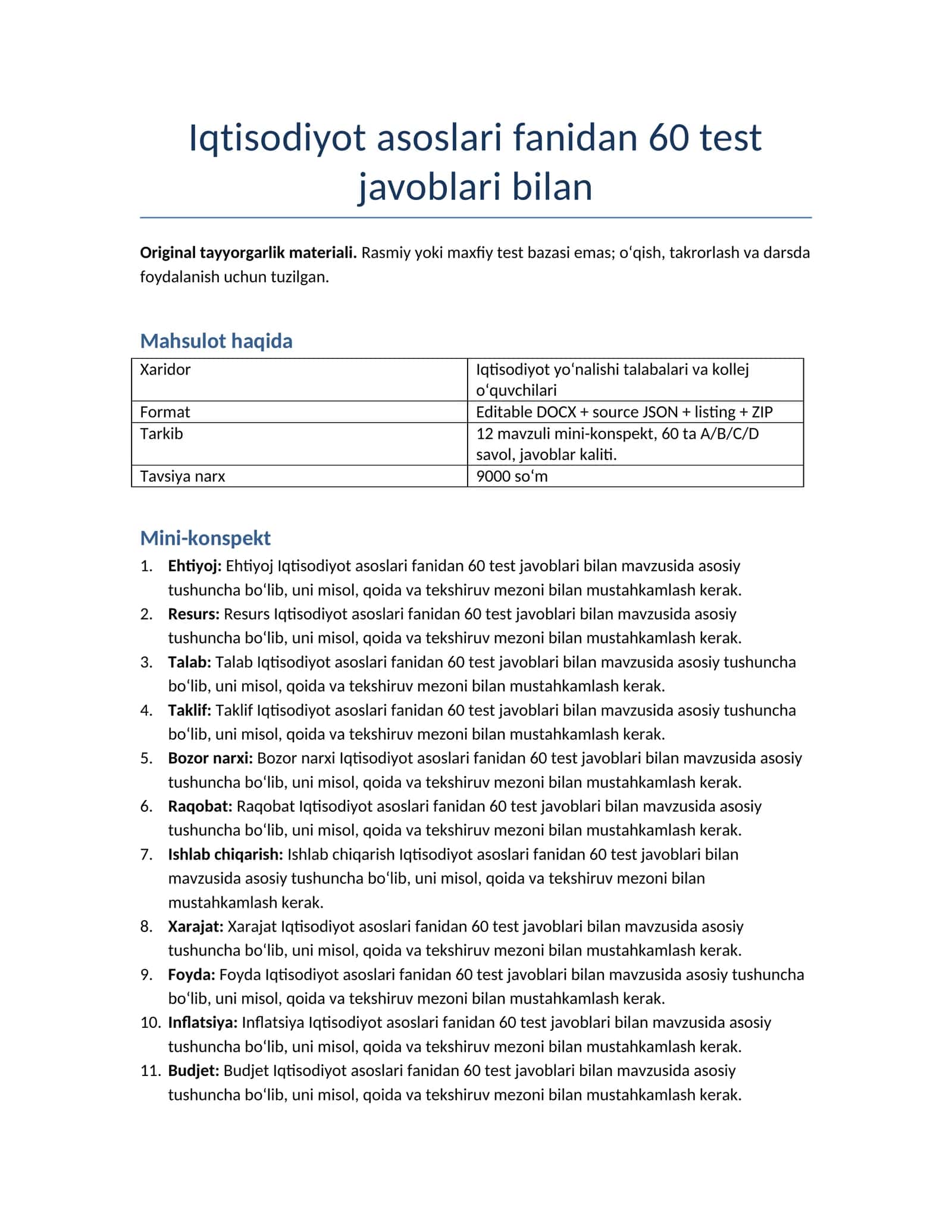 Iqtisodiyot asoslari fanidan 60 test javoblari bilan