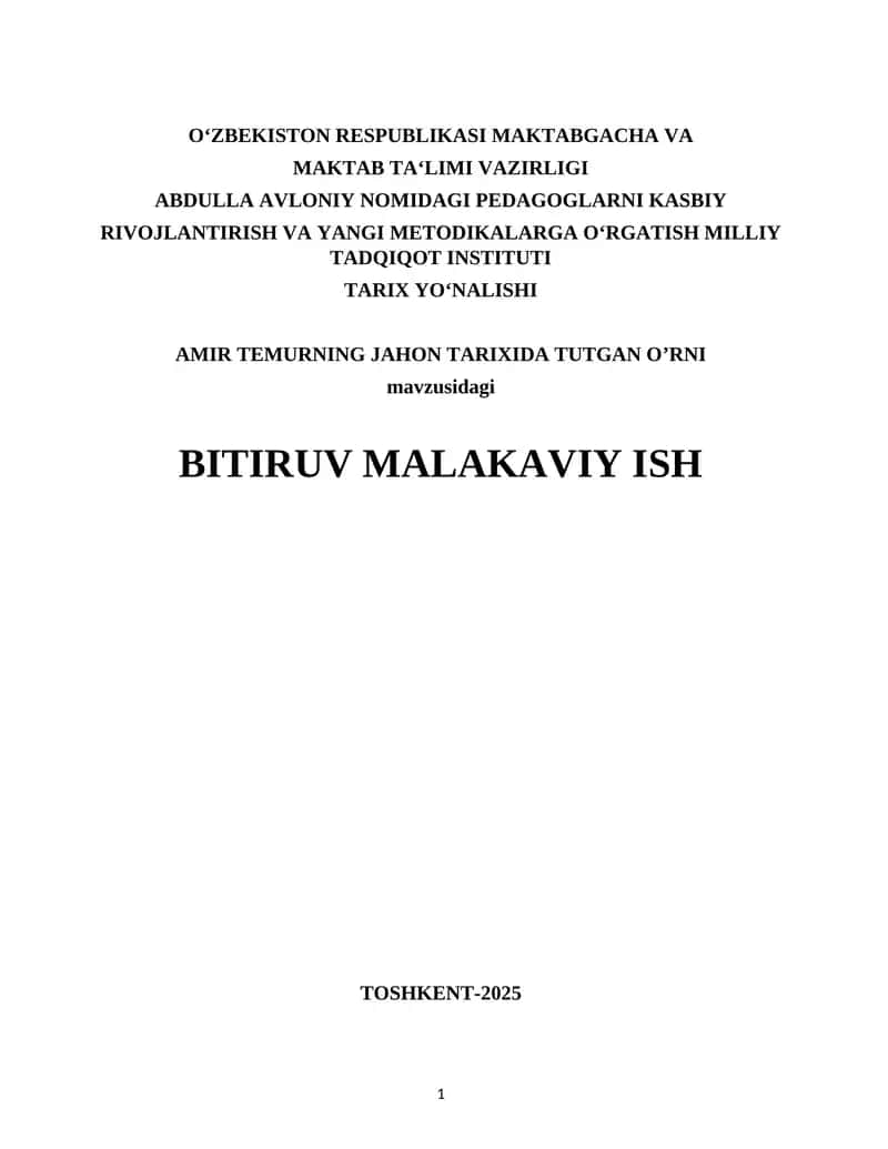 Amir Temurning Jahon tarixida tutga o`rni -BMI