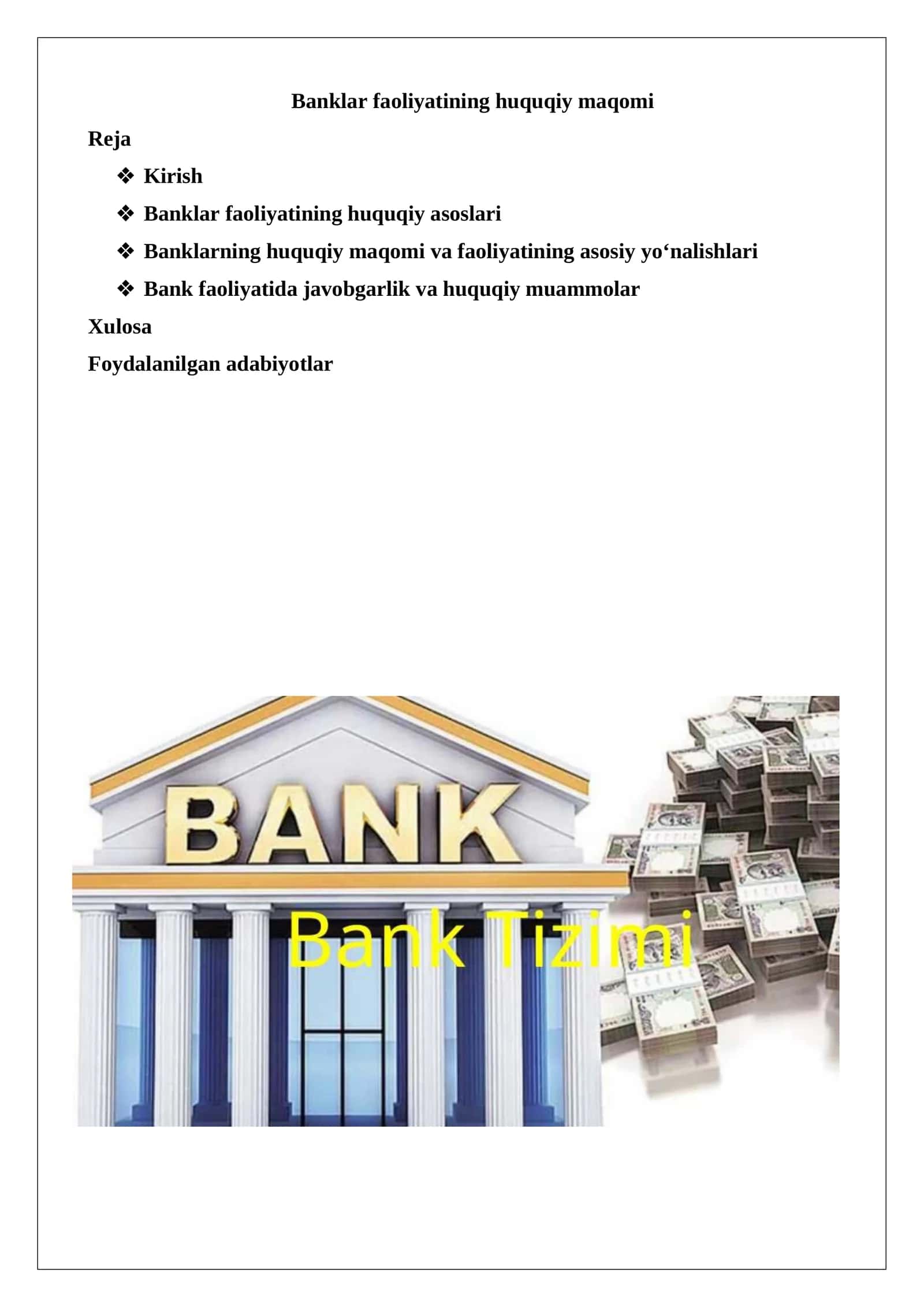 Banklar faoliyatining huquqiy maqomi