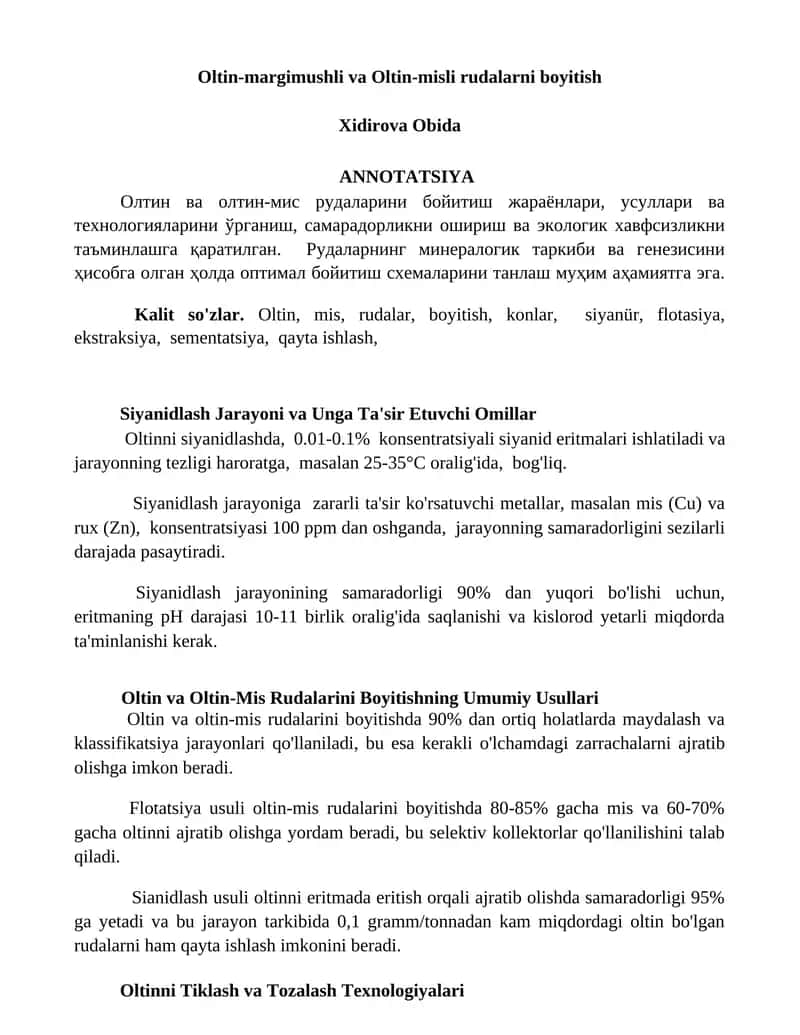 Oltin-margimushli va Oltin-misli rudalarni boyitish