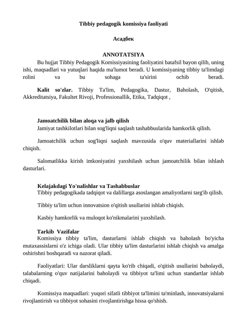 Tibbiy pedagogik komissiya faoliyati