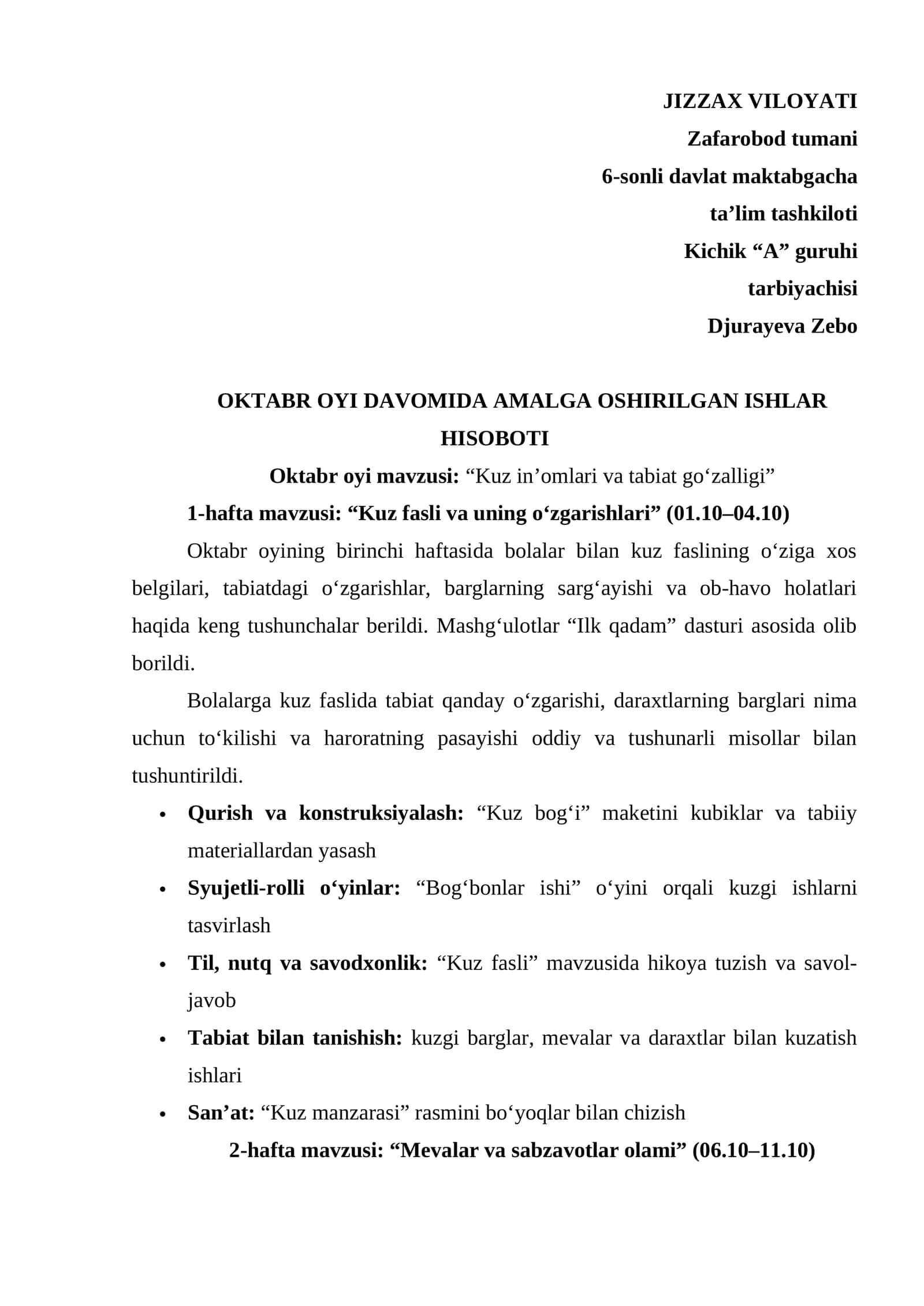 Maktabgacha ta'lim tarbiyachisi uchun Oktabr hisoboti