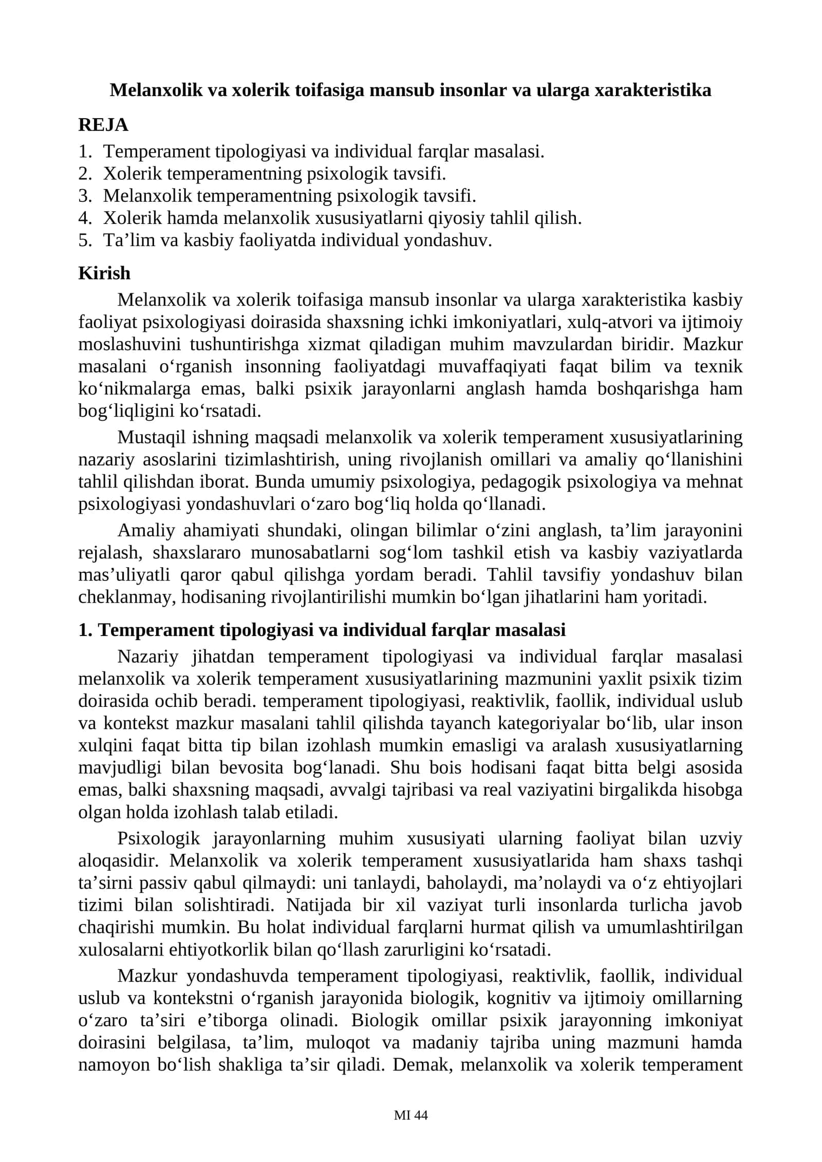 Melanxolik va xolerik toifasiga mansub insonlar va ularga xarakteristika