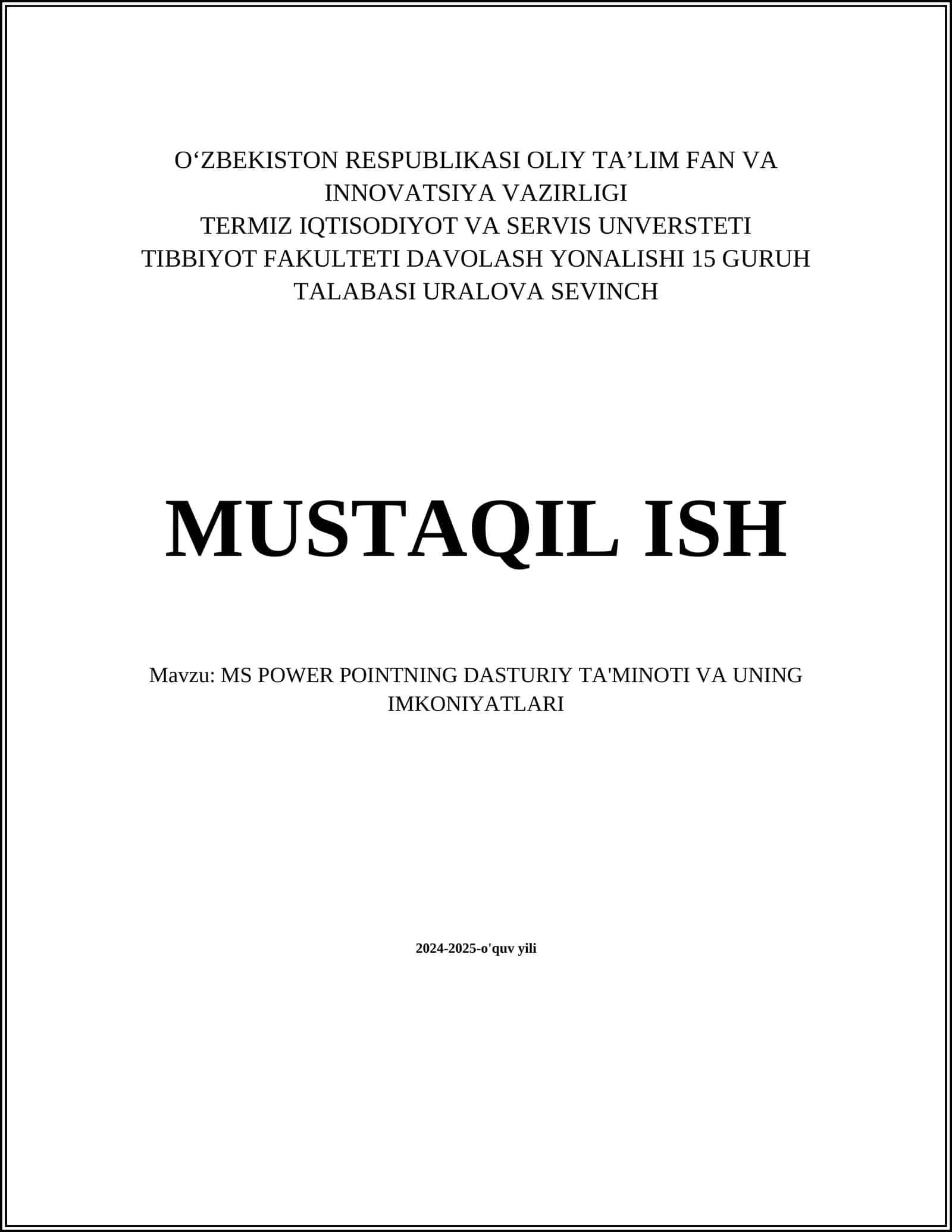 MS POWER POINTNING DASTURIY TA'MINOTI VA UNING IMKONIYATLARI