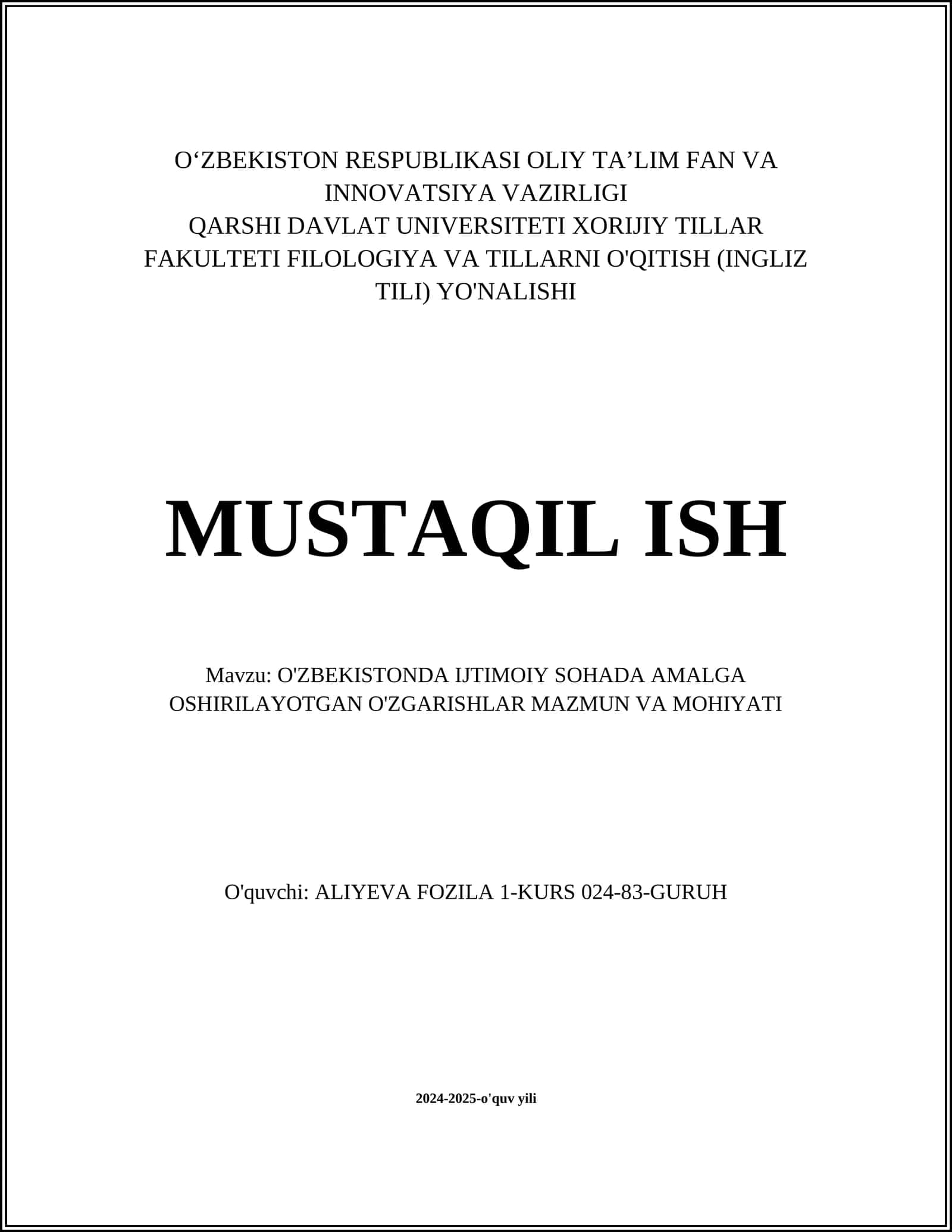 O'ZBEKISTONDA IJTIMOIY SOHADA AMALGA OSHIRILAYOTGAN O'ZGARISHLAR MAZMUN VA MOHIYATI