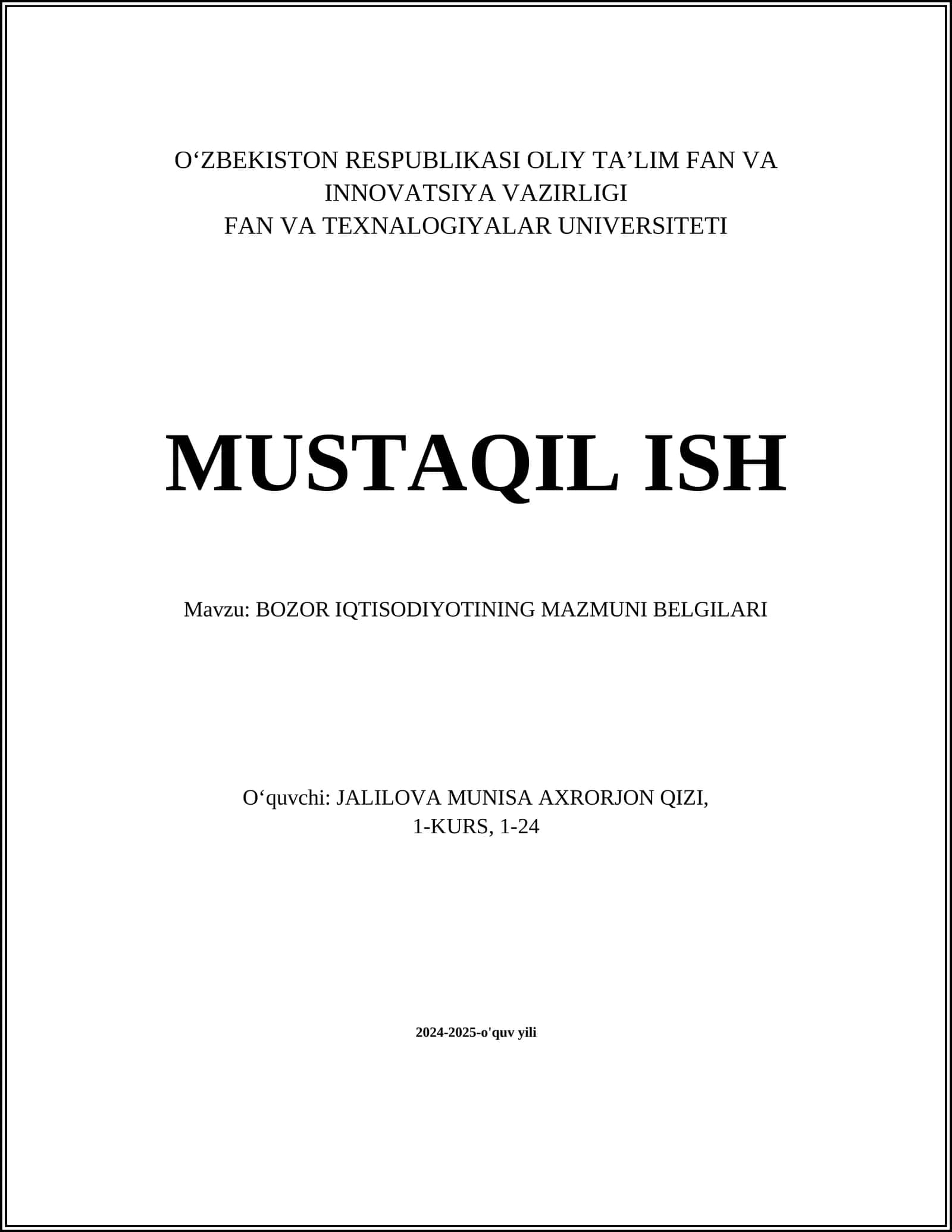 BOZOR IQTISODIYOTINING MAZMUNI BELGILARI