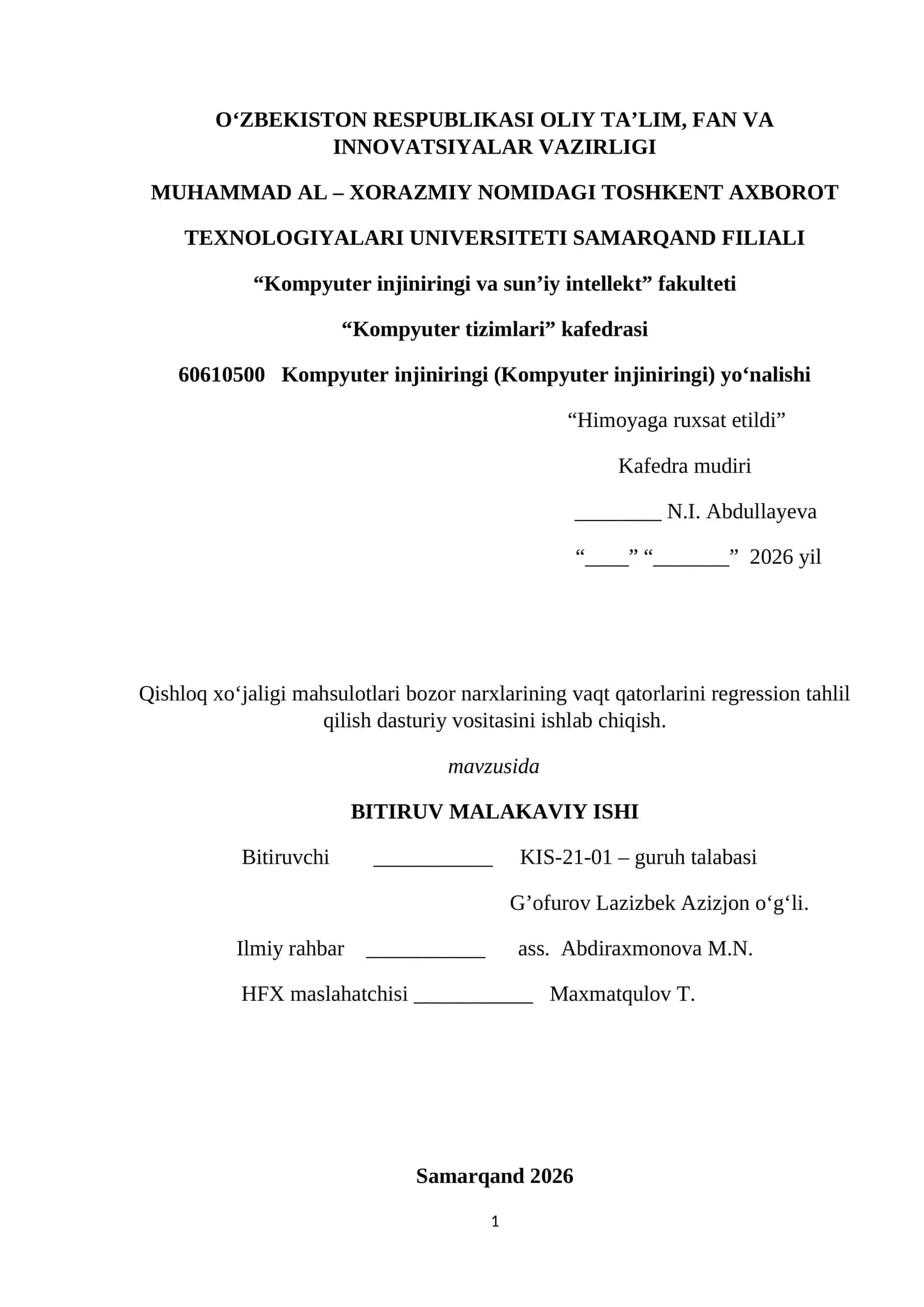 Qishloq xo‘jaligi mahsulotlari bozor narxlarining vaqt qatorlarini regression tahlil qilish dasturiy vositasi web ilovasi bilan