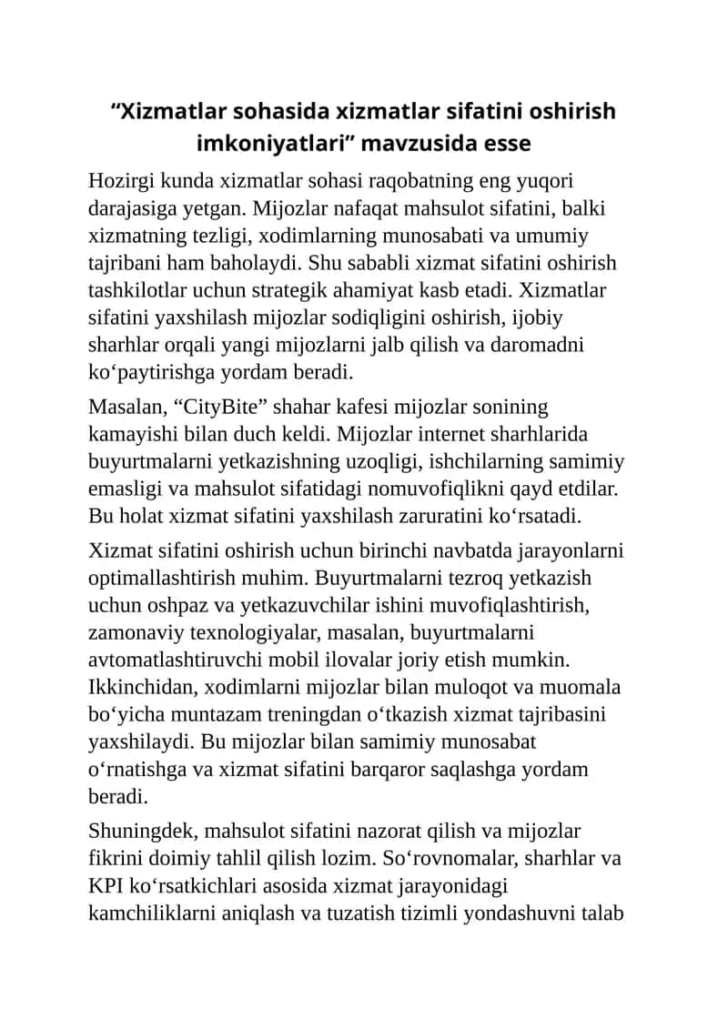 "Xizmatlar sohasida xizmatlar sifatini oshirish imkoniyatlari" esse