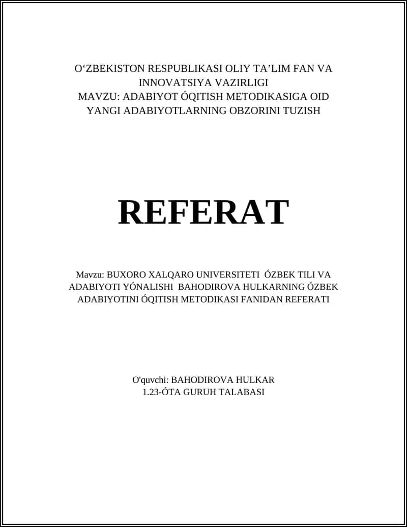 O'zbek adabiyotini o'qitish metodikasi