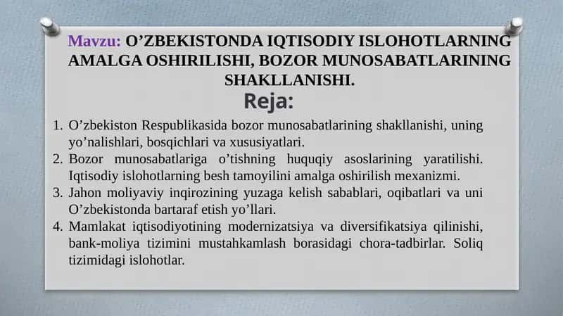O’ZBEKISTONDA IQTISODIY ISLOHOTLARNING AMALGA OSHIRILISHI, BOZOR MUNOSABATLARINING SHAKLLANISHI