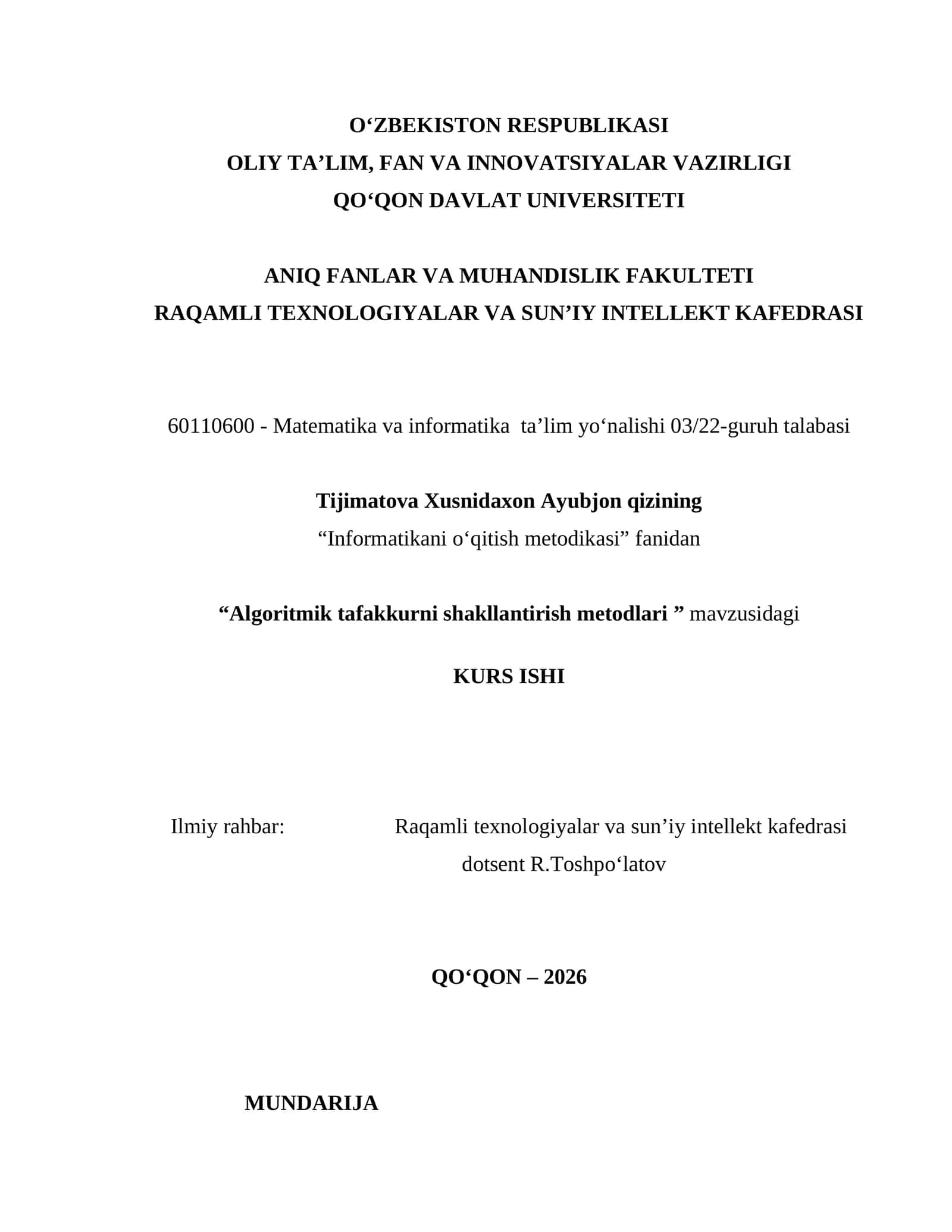 Algoritmik tafakkurni shakllantirish Metodlari