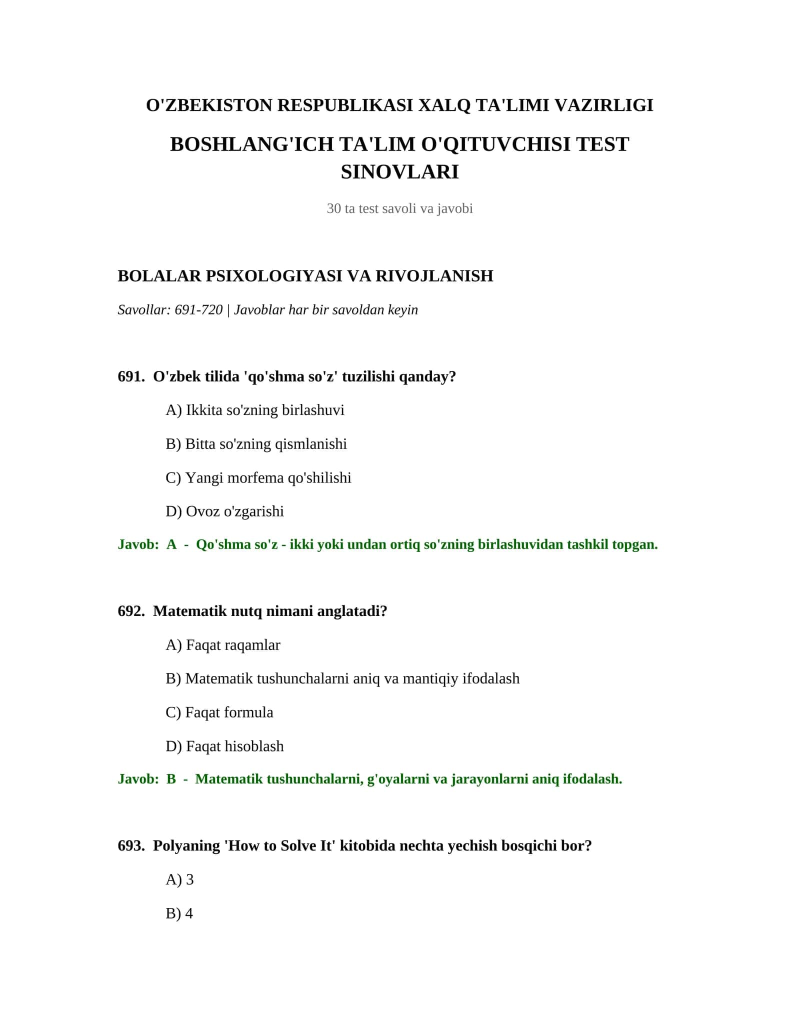 BOSHLANG'ICH TA'LIM O'QITUVCHISI TEST SINOVLARI