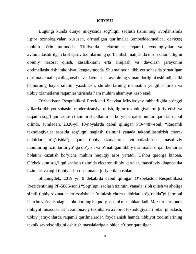 TIBBIYOT SOHASIDA O‘RNATILGAN QURILMALAR VA ULARNING AHAMIYATI