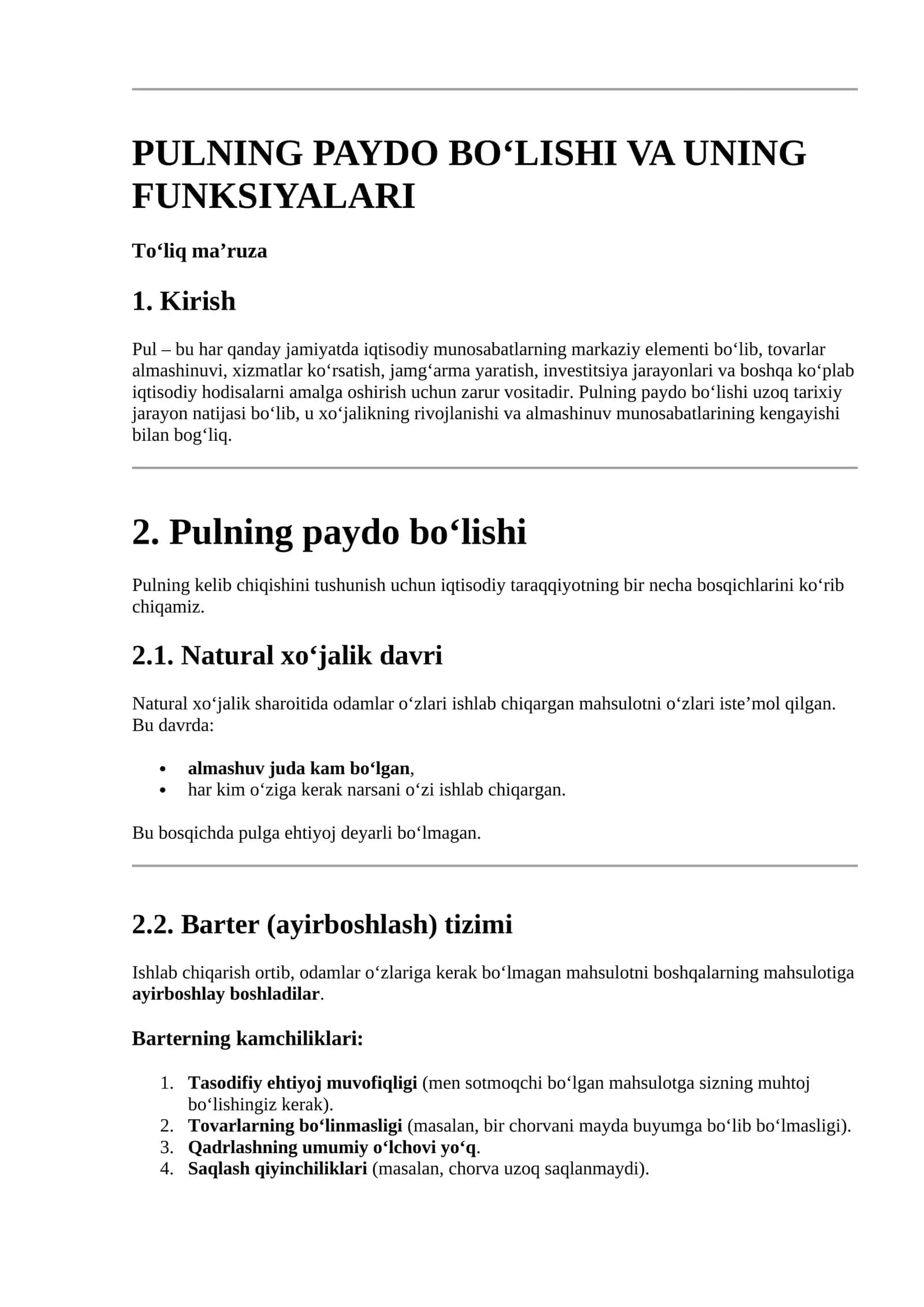 PULNING PAYDO BO‘LISHI VA UNING FUNKSIYALARI