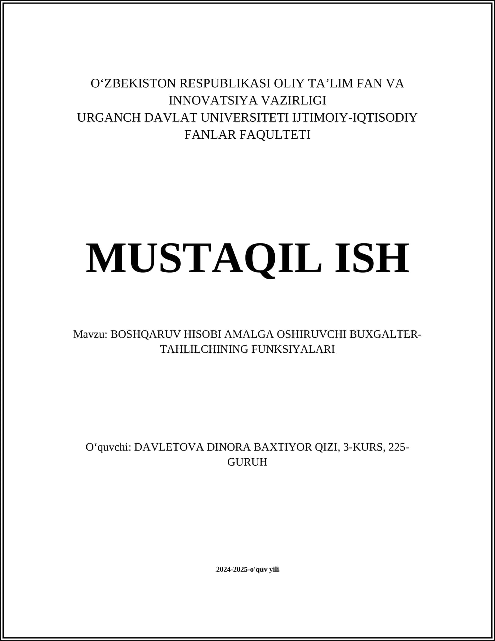 BOSHQARUV HISOBI AMALGA OSHIRUVCHI BUXGALTER-TAHLILCHINING FUNKSIYALARI