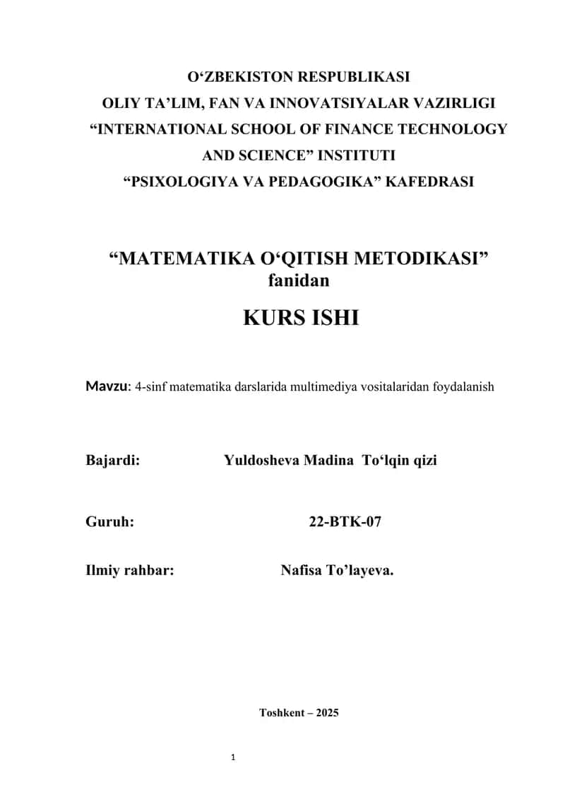 4-sinf matematika darslarida multimediya vositalaridan foydalanish  kurs ishi