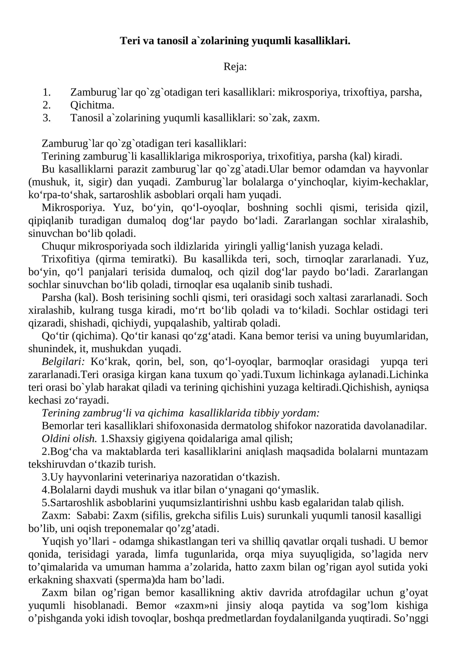 Teri va tanosil a`zolarining yuqumli kasalliklari