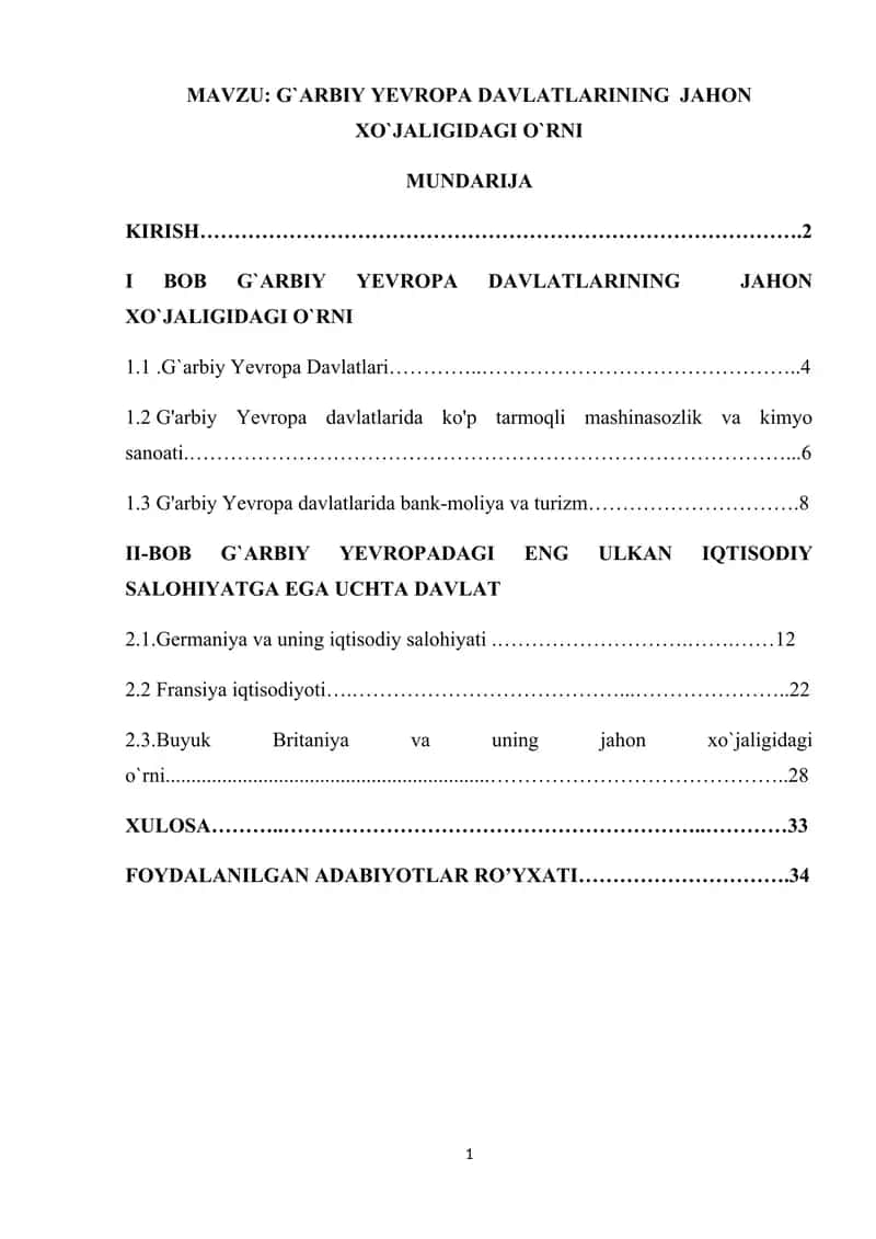 G`ARBIY YEVROPA DAVLATLARINING  JAHON XO`JALIGIDAGI O`RNI