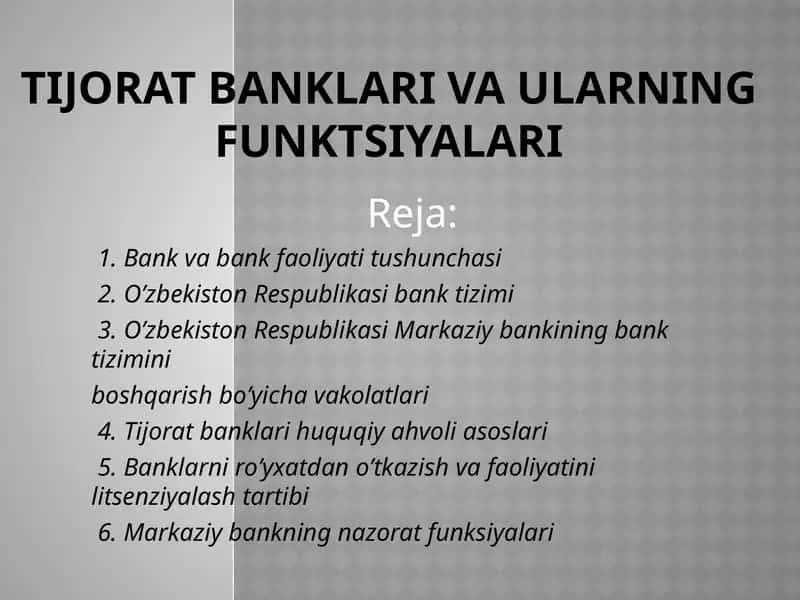 Tijorat banklari va ularning funktsiyalari