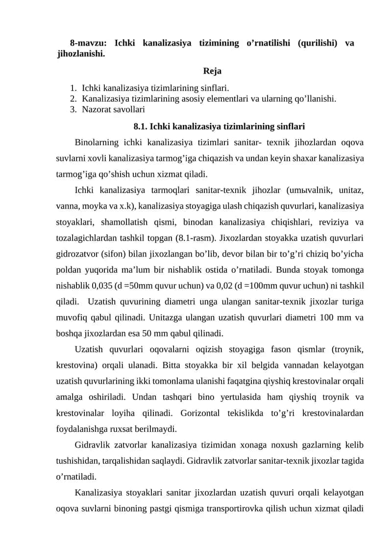 Ichki kanalizasiya tizimining o’rnatilishi (qurilishi) va jihozlanishi