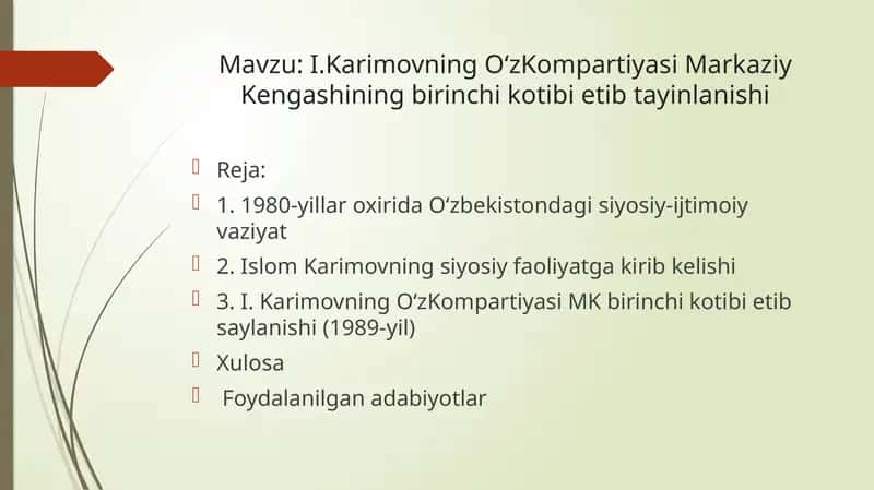 I.I.Karimovning O‘zKompartiyasi Markaziy Kengashining birinchi kotibi etib tayinlanishi