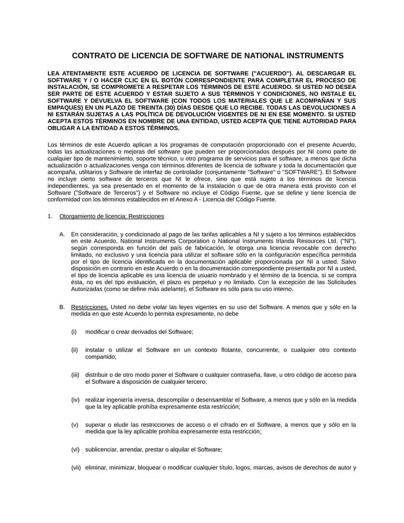 CONTRATO DE LICENCIA DE SOFTWARE DE NATIONAL INSTRUMENTS