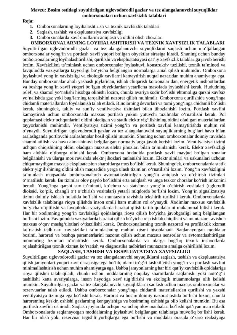 Suyultirilgan uglevodorodli gazlar va tez alangalanuvchi suyuqliklar omborxonalari uchun xavfsizlik talablari