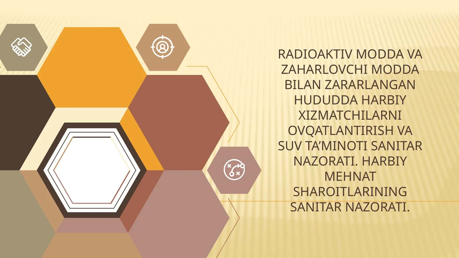 Radioaktiv modda va zaharli modda bilan zararlangan hududda harbiy xizmatchilarni ovqatlantirish va suv ta'minoti sanitarnazorati. Harbiy mehnat sharoitlarining sanitarnazorati