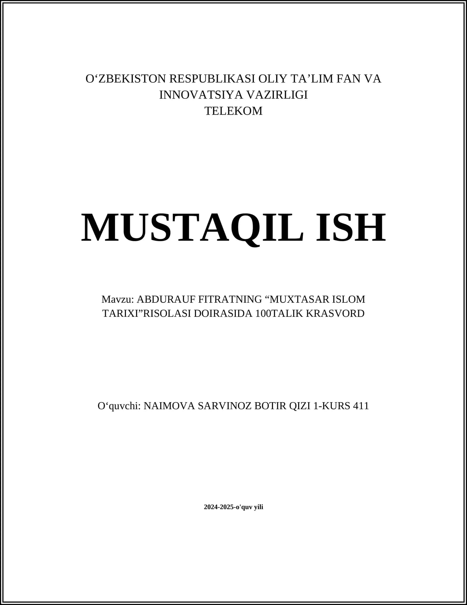 ABDURAUF FITRATNING “MUXTASAR ISLOM TARIXI”RISOLASI DOIRASIDA 100TALIK KRASVORD