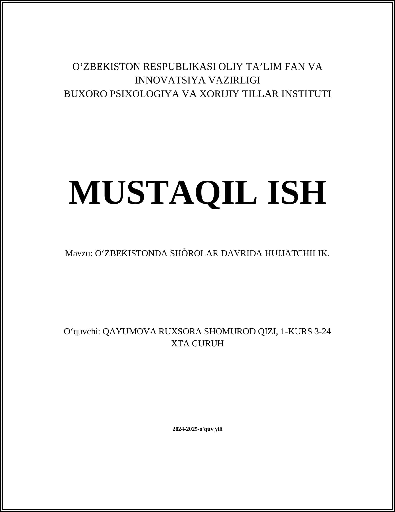 O‘ZBEKISTONDA SHÒROLAR DAVRIDA HUJJATCHILIK