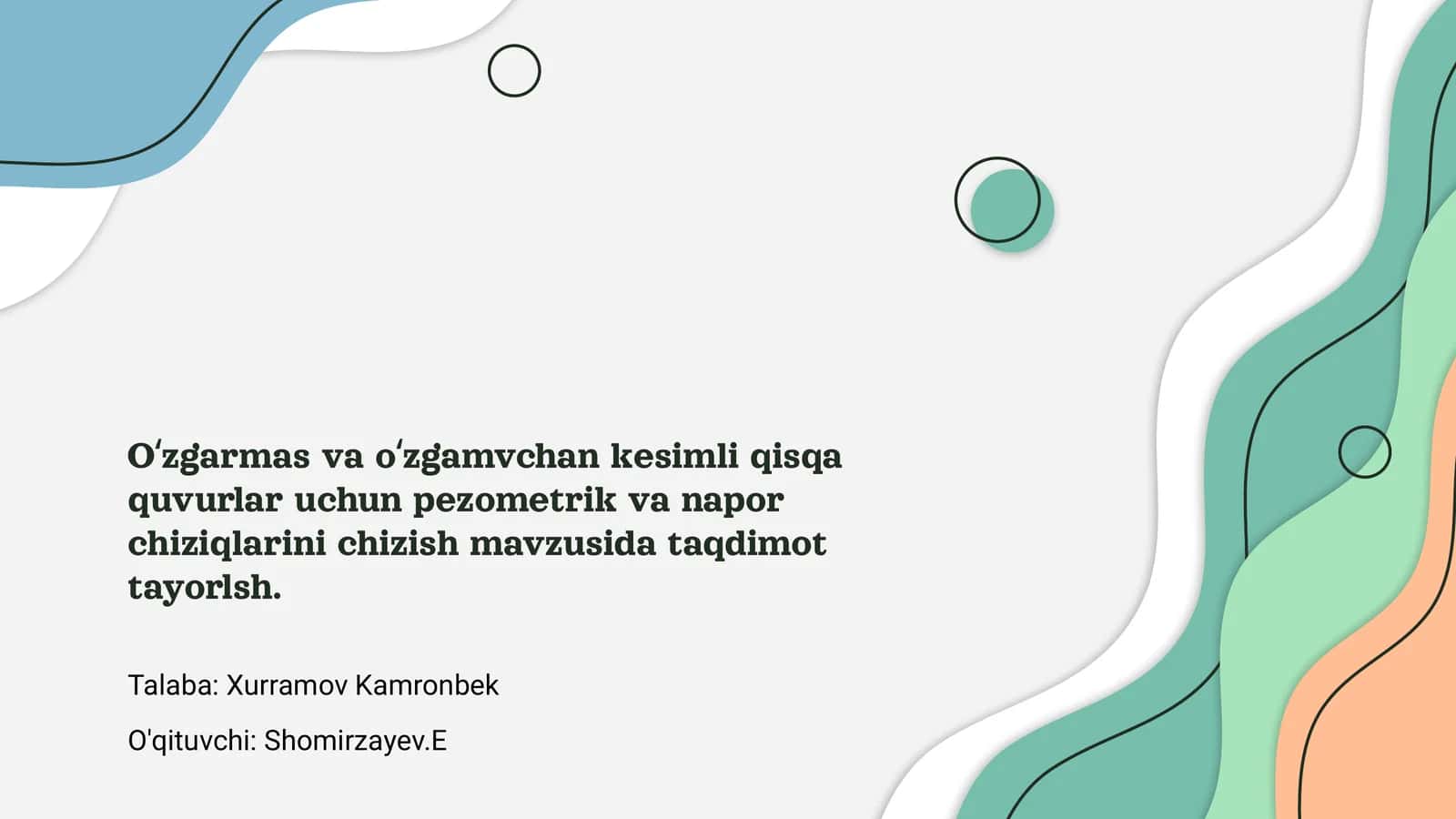 O‘zgarmas va o‘zgamvchan kesimli qisqa quvurlar uchun pezometrik va napor chiziqlarini chizish