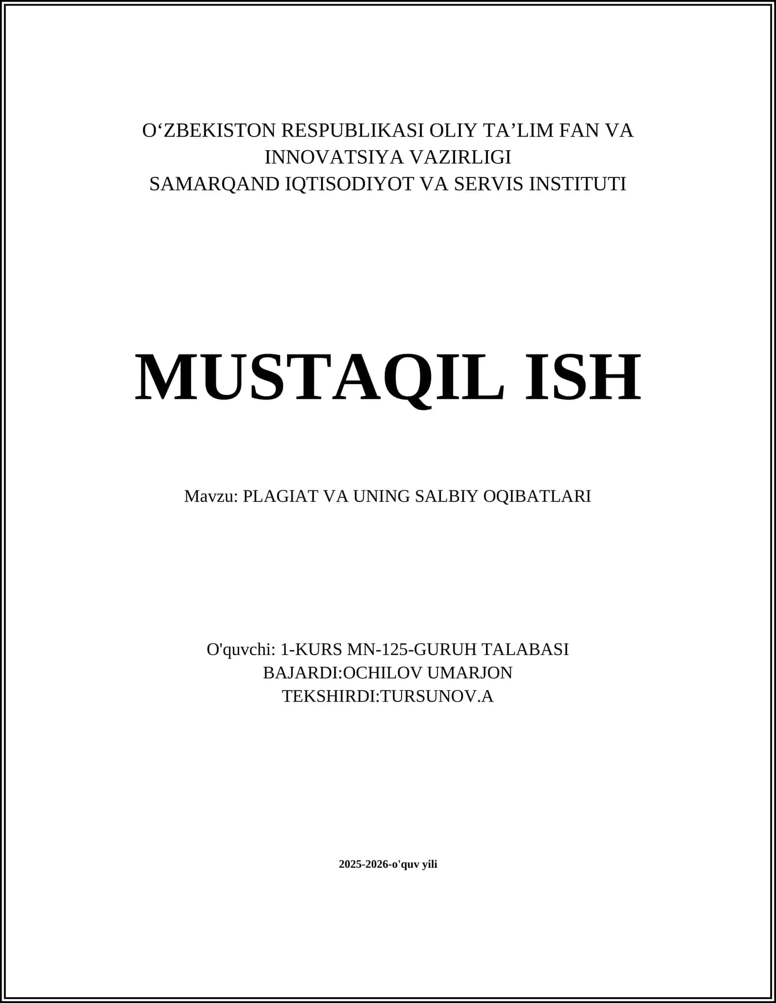 PLAGIAT VA UNING SALBIY OQIBATLARI
