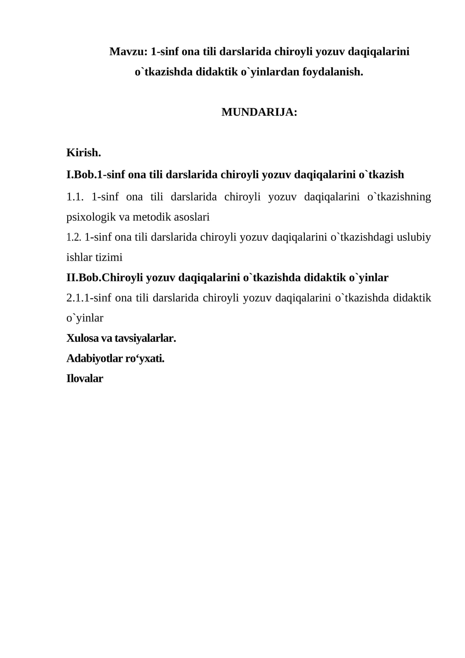 1-sinf ona tili darslarida chiroyli yozuv daqiqalarini o`tkazishda didaktik o`yinlardan foydalanish